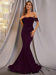 Mermaid off shoulder satin pleated and floor length formal dress