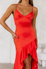 Jimiss V-neck slim shoulder strap with ruffle edge design Prom dress