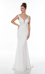 Perfect satin deep V-neck slim fit trumpet shaped backless wedding dresses