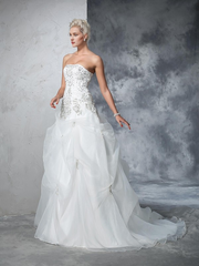 Ball gown strapless beaded sleeveless long organza wedding dress