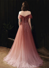 A-Line Princess Off Shoulder Pink Gradient Tulle Long Beaded Formal Dress Tulle Prom Dress
