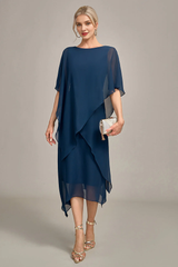 Navy Blue A-line low round neck chiffon mother of the bride dress
