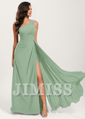 Ruffled A-line One Shoulder Floor Length Chiffon Bridesmaid Dress