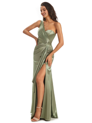 Elegant and soft satin side slit one shoulder unique fish tail bridesmaid dress