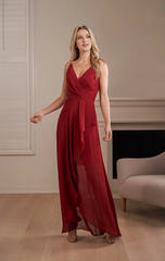 Polyester chiffon A-line V-shaped thin shoulder strap collar U-shaped round back bridesmaid dress