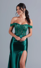Off shoulder emerald green and floor length dress