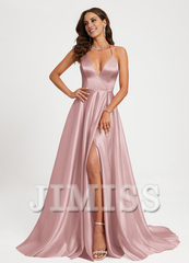 A-line V-neck floor-sweeping satin prom dress