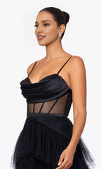 Folded cape collar transparent tight corset layered ruffle edge dress