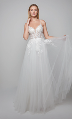 Rooster neckline lace floral decal transparent body shiny chiffon and floor length wedding dresses