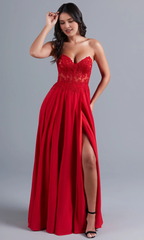 Red strapless transparent tight and floor length Prom dress
