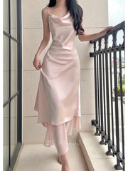 A Line Spaghetti Straps Silk Satin Pink formal dresses Bridesmaid Dresses evening gown Prom Dress