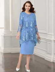 Two piece lace chiffon jacket dress column tea length mother of the bride dress
