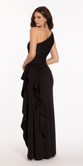 Jimiss asymmetrical collar tight corset with ruffled edges and floor length Prom dress