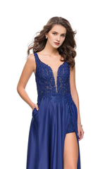 Deep V-neck lace applique sleeveless side slit and floor length evening dress
