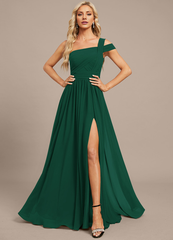 A-line off-the-shoulder one-shoulder floor-length chiffon pleated evening gown