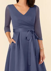 A-Line V-Neck Pleated Tea Length Stormy formal dresses evening dress Mother of the Bride Dresses