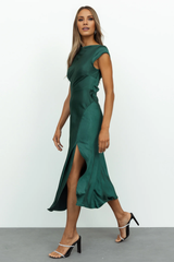 Jimiss boat neckline satin backless side slit long Prom dress