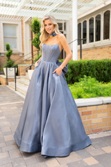 A-line off shoulder sleeveless satin and floor length evening gown (dress only)