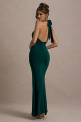 Hanging neck exposed back side slit and floor length evening dress - Jimiss Dress