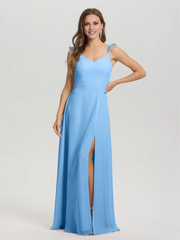 V-neck shoulder strap tied chiffon slit and floor length bridesmaid dress