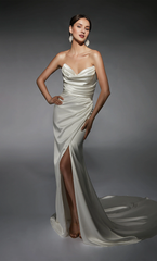 Satin off shoulder straight slit wedding dresses