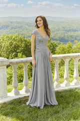 V-neck beaded chiffon and floor length mothers of the bride dresses