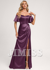 A-Line Off-The-Shoulder Floor-Length Satin Bridesmaids Dress