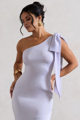 Asymmetric collar bow shoulder strap satin and floor length evening dress - Jimiss Dress
