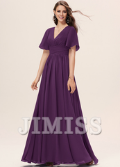 Ruffled A-line V-neck Floor-length Chiffon Bridesmaids Dress