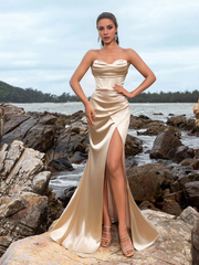 Mermaid strapless satin side slit and floor length formal dress