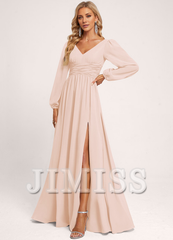 Ruffled A-line V-neck Floor-length Chiffon Bridesmaids Dress
