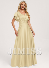 Ruffled A-line V-neck Floor-length Satin Bridesmaids Dress