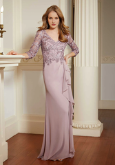 V-neck lace applique chiffon and floor length gown evening dresses