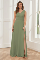 V-neck sleeveless chiffon side slit and floor length bridesmaid dress