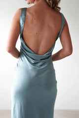Ship neck backless shoulder strap satin long Prom dress - Jimiss Dress