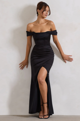 Off shoulder collar satin side slit and floor length evening dress - jimiss dress
