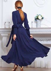Jimiss A-type long sleeved V-neck side slit and floor length Prom dress