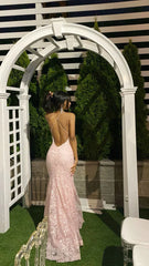 Aimishang Mermaid Formal Wear Dresses Pink Tulle Lace Long Prom Dresses Appliques Backless Evening Party Dress