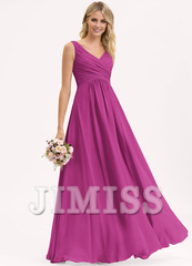 A-line V-neck floor-length chiffon pleated bridesmaid dress