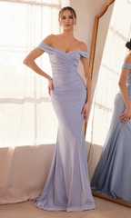 Jimiss off shoulder pleated satin backless and floor length evening dress