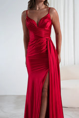 Thin shoulder strap V-neck satin side slit and floor length Prom dress - Jimiss Dress