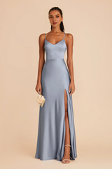 Thin shoulder strap V-neck satin full lining and floor length bridesmaid dress
