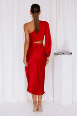 Jimiss One Shoulder Collar Satin Asymmetric Skirt Long Prom Dress