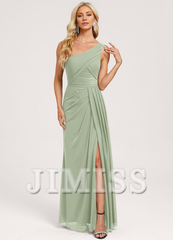 Ruffled A-line One Shoulder Floor Length Mesh Bridesmaid Dress