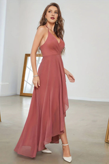 Coral A-line asymmetrical hanging neck sleeveless evening dress