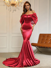 Mermaid off shoulder sleeveless satin and floor length formal dress