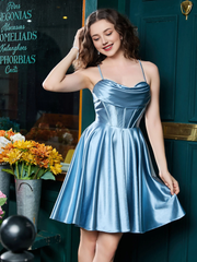 Thin shoulder strap tied with  satin mini Homecoming dress