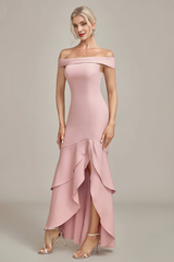 Pink mermaid off shoulder asymmetrical ruffle hem bridal mother dress