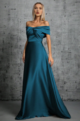 Peacock blue satin off shoulder pleated formal dress