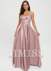A-line V-neck floor-length satin prom dress